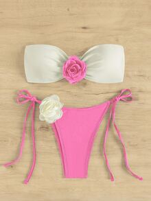 SHEIN Swim 夏季沙灘色塊無肩帶綁帶式比基尼套裝 - 彩色 - 查看 3