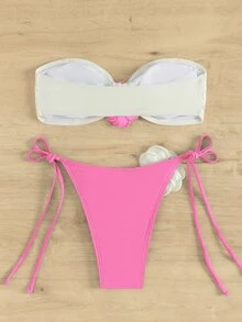 SHEIN Swim 夏季沙灘色塊無肩帶綁帶式比基尼套裝 - 彩色 - 查看 4