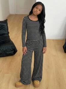 兒童青少年女孩黑色與灰色條紋秋冬萬聖節聖誕派對休閒T恤套裝 2件式穿搭 - 黑色 - 查看 8