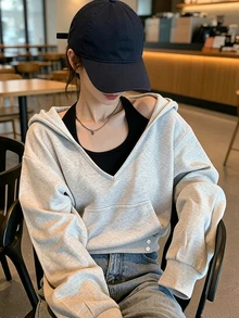 FRIFUL Women's Autumn 2 In 1 Hooded Light Gray Floral Pocket Decor Sweatshirt - Grey - View 5
