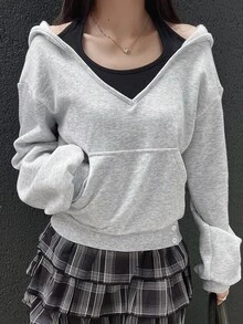 FRIFUL Women's Autumn 2 In 1 Hooded Light Gray Floral Pocket Decor Sweatshirt - Grey - View 3