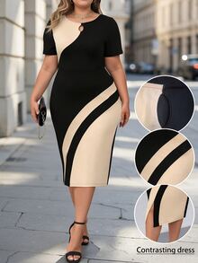 SHEIN Clasi Plus Size Women's Color Block Simple Daily Short Sleeve Dress - Multicolor - View 1