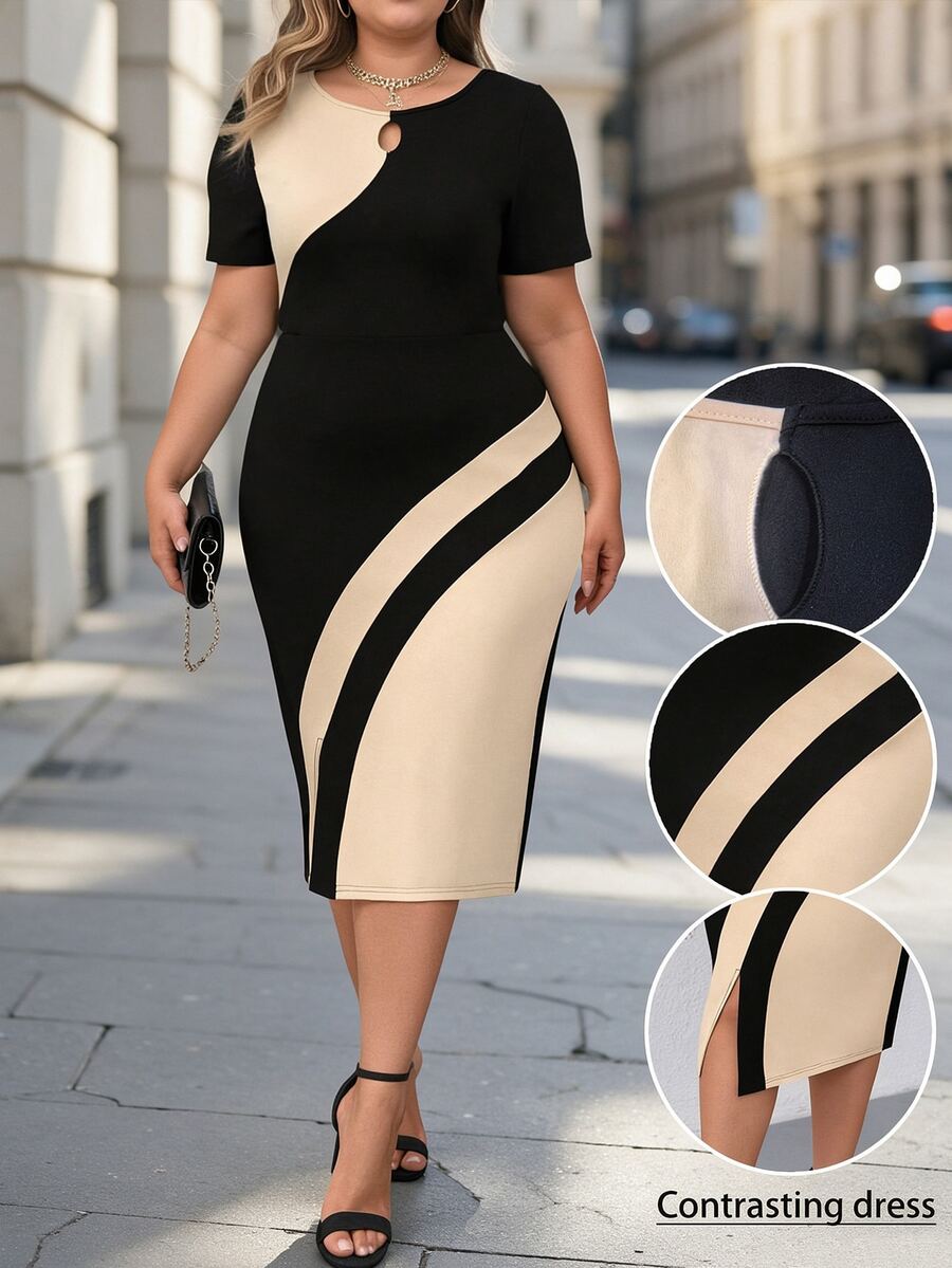 SHEIN Clasi Plus Size Women's Color Block Simple Daily Short Sleeve Dress - Multicolor - View 1