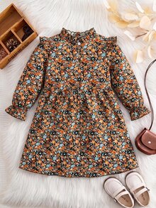 SHEIN Vintaside Kids 女童秋季碎花洋裝，長袖荷葉邊高領，大蝴蝶結，復古公主風 A 字中長裙，黑色感恩節 7 歲生日禮物 - 棕色 - 查看 3