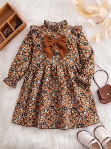 SHEIN Vintaside Kids 女童秋季碎花洋裝，長袖荷葉邊高領，大蝴蝶結，復古公主風 A 字中長裙，黑色感恩節 7 歲生日禮物 - 棕色 - 查看 5