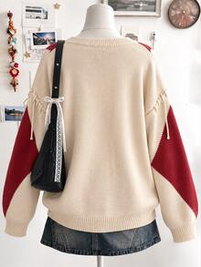 Lalippa Women's Colorblock Eyelet Lace-Up V-Neck Drop Shoulder Long Sleeve Loose Sweater - Multicolor - View 2