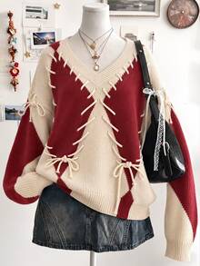 Lalippa Women's Colorblock Eyelet Lace-Up V-Neck Drop Shoulder Long Sleeve Loose Sweater - Multicolor - View 1
