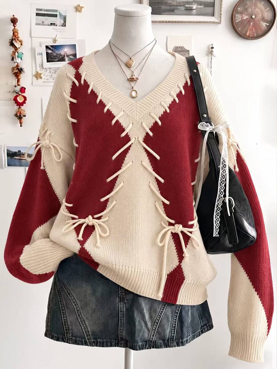 Lalippa Women's Colorblock Eyelet Lace-Up V-Neck Drop Shoulder Long Sleeve Loose Sweater - Multicolor - View 1