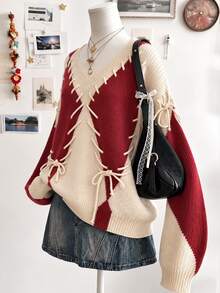 Lalippa Women's Colorblock Eyelet Lace-Up V-Neck Drop Shoulder Long Sleeve Loose Sweater - Multicolor - View 3