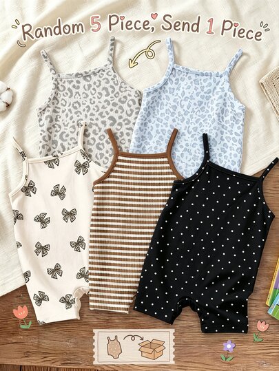[Random 5pcs, Send 1pc]Vintage Cute Leopard Print Series, Chill Chill, Baby Girl Casual Camisole Romper Shorts Suitable For Spring/Summer