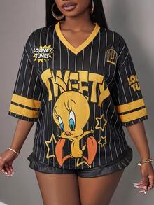 Slaydiva LOONEY TUNES X SHEIN Kaos Lengan Pendek Bergaris Motif Kartun Ukuran Besar - MultiWarna - View 5