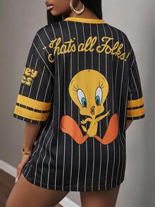 Slaydiva LOONEY TUNES X SHEIN Kaos Lengan Pendek Bergaris Motif Kartun Ukuran Besar - MultiWarna - View 2