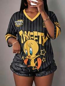 Slaydiva LOONEY TUNES X SHEIN Kaos Lengan Pendek Bergaris Motif Kartun Ukuran Besar - MultiWarna - View 8