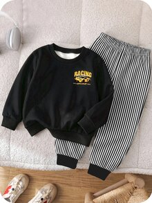 小男孩寬鬆運動休閒舒適長袖衛衣與長褲2件套，適合秋冬，經典帥氣酷炫賽車圖案印花，帥氣文字圖案印花 - 彩色 - 查看 5