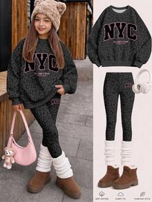 SHEIN Girlism 黑色與粉色時尚豹紋拼色 NYC 字母圖案，女童大童休閒柔軟舒適寬鬆圓領套頭衛衣與內搭褲 2 件套，適合秋冬日常、街頭風、Tween 女孩甜酷返校、美式高街、甜酷慵懶休閒時尚 - 彩色 - 查看 3