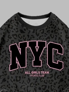 SHEIN Girlism 黑色與粉色時尚豹紋拼色 NYC 字母圖案，女童大童休閒柔軟舒適寬鬆圓領套頭衛衣與內搭褲 2 件套，適合秋冬日常、街頭風、Tween 女孩甜酷返校、美式高街、甜酷慵懶休閒時尚 - 彩色 - 查看 6