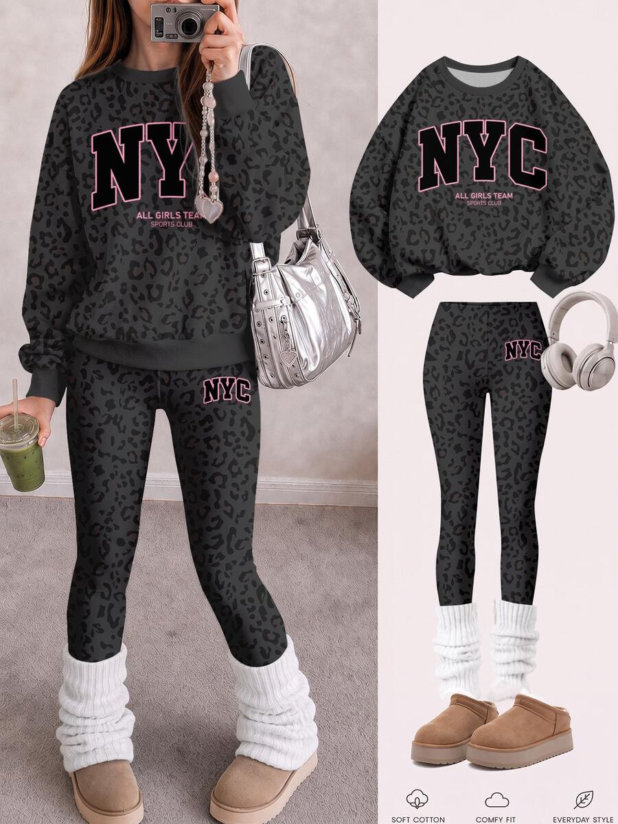 SHEIN Girlism 黑色與粉色時尚豹紋拼色 NYC 字母圖案,女童大童休閒柔軟舒適寬鬆圓領套頭衛衣與內搭褲 2 件套,適合秋冬日常、街頭風、Tween 女孩甜酷返校、美式高街、甜酷慵懶休閒時尚 - 彩色 - 查看 1