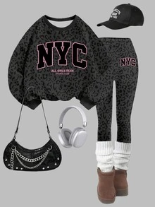 SHEIN Girlism 黑色與粉色時尚豹紋拼色 NYC 字母圖案，女童大童休閒柔軟舒適寬鬆圓領套頭衛衣與內搭褲 2 件套，適合秋冬日常、街頭風、Tween 女孩甜酷返校、美式高街、甜酷慵懶休閒時尚 - 彩色 - 查看 2