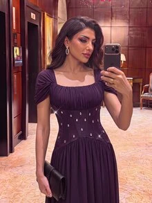 Aureia Elegant Plum Purple Chiffon Rhinestone Beaded Ruched Square Neck Cap Sleeve Corset A Line Floor Length Evening Gown Formal Wedding Guest Prom Dress - Dark Purple - View 2