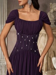 Aureia Elegant Plum Purple Chiffon Rhinestone Beaded Ruched Square Neck Cap Sleeve Corset A Line Floor Length Evening Gown Formal Wedding Guest Prom Dress - Dark Purple - View 4