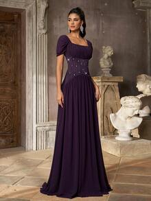 Aureia Elegant Plum Purple Chiffon Rhinestone Beaded Ruched Square Neck Cap Sleeve Corset A Line Floor Length Evening Gown Formal Wedding Guest Prom Dress - Dark Purple - View 6