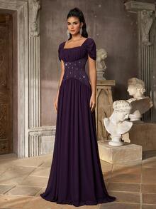 Aureia Elegant Plum Purple Chiffon Rhinestone Beaded Ruched Square Neck Cap Sleeve Corset A Line Floor Length Evening Gown Formal Wedding Guest Prom Dress - Dark Purple - View 5