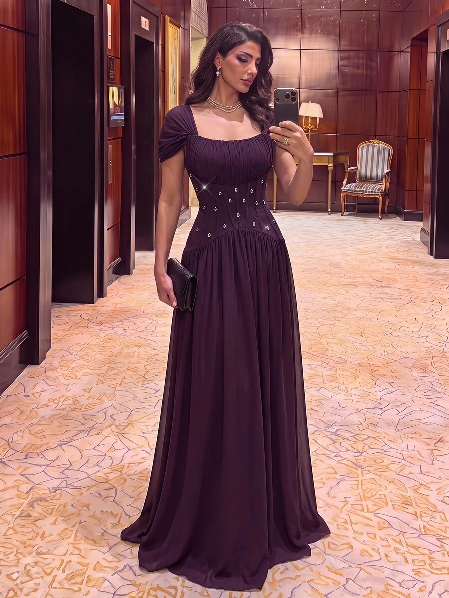 Aureia Elegant Plum Purple Chiffon Rhinestone Beaded Ruched Square Neck Cap Sleeve Corset A Line Floor Length Evening Gown Formal Wedding Guest Prom Dress - Dark Purple - View 1