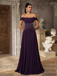 Aureia Elegant Plum Purple Chiffon Rhinestone Beaded Ruched Square Neck Cap Sleeve Corset A Line Floor Length Evening Gown Formal Wedding Guest Prom Dress - Dark Purple - View 7