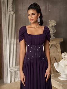 Aureia Elegant Plum Purple Chiffon Rhinestone Beaded Ruched Square Neck Cap Sleeve Corset A Line Floor Length Evening Gown Formal Wedding Guest Prom Dress - Dark Purple - View 9