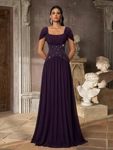 Aureia Elegant Plum Purple Chiffon Rhinestone Beaded Ruched Square Neck Cap Sleeve Corset A Line Floor Length Evening Gown Formal Wedding Guest Prom Dress - Dark Purple - View 8
