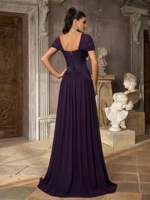 Aureia Elegant Plum Purple Chiffon Rhinestone Beaded Ruched Square Neck Cap Sleeve Corset A Line Floor Length Evening Gown Formal Wedding Guest Prom Dress - Dark Purple - View 3