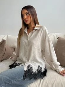 Aloruh 女款優雅通勤拼接蕾絲拼色襯衫，卡其色上衣，辦公室、外出穿搭上衣，工作上衣，社交襯衫，純色長袖上衣，秋季 - 淺灰色 - 查看 6