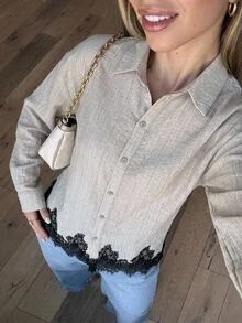 Aloruh 女款優雅通勤拼接蕾絲拼色襯衫，卡其色上衣，辦公室、外出穿搭上衣，工作上衣，社交襯衫，純色長袖上衣，秋季 - 淺灰色 - 查看 3