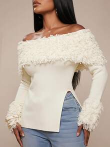 Radiana Plus Size Women's Solid Color Off-Shoulder Long Sleeve Side Slit Hem Fashion Pullover Sweater Fall - White - View 1