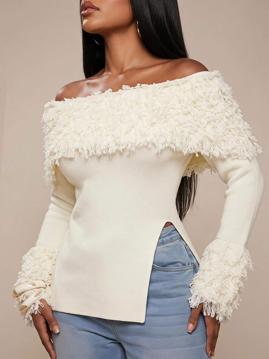 Radiana Plus Size Women's Solid Color Off-Shoulder Long Sleeve Side Slit Hem Fashion Pullover Sweater Fall - White - View 1