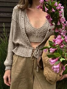 Breezaya 女款素色提花收腰繫帶前開襟針織開襟衫，極簡復古休閒通勤優雅風，日常旅行穿搭，灰褐色，秋季 - 卡其色 - 查看 3