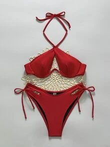 Swim SXY Solid Color Hollow Lace-Up Tankini Swimwear, With Underwire, Non-Padded - Burgundy - View 4