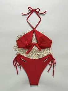 Swim SXY Solid Color Hollow Lace-Up Tankini Swimwear, With Underwire, Non-Padded - Burgundy - View 5