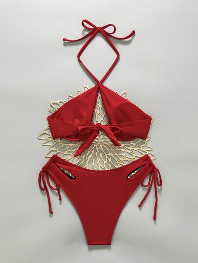 Swim SXY Solid Color Hollow Lace-Up Tankini Swimwear, With Underwire, Non-Padded