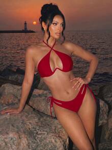 Swim SXY Solid Color Hollow Lace-Up Tankini Swimwear, With Underwire, Non-Padded - Burgundy - View 2