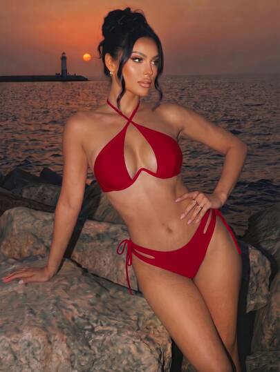 Swim SXY Solid Color Hollow Lace-Up Tankini Swimwear, With Underwire, Non-Padded