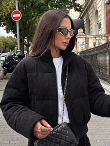 SHEIN 青少年女孩收腰時尚校園風百搭休閒毛絨長袖加厚外套，適合秋冬穿著 - 黑色 - 查看 7