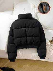 SHEIN 青少年女孩收腰時尚校園風百搭休閒毛絨長袖加厚外套，適合秋冬穿著 - 黑色 - 查看 6