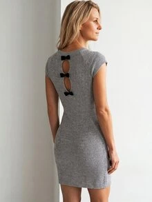 Sprig & Strand Women's Light Grey Round Neck Knit Loose Drop Shoulder Short Sleeve Casual Elegant Lazy Vibe Dress Brunch Autumn - Grey - View 4