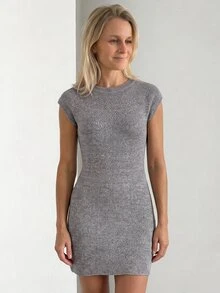 Sprig & Strand Women's Light Grey Round Neck Knit Loose Drop Shoulder Short Sleeve Casual Elegant Lazy Vibe Dress Brunch Autumn - Grey - View 6