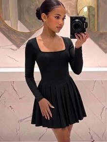 SHEIN Tween Girls Black Spaghetti Strap Dress With Built-In Shorts - Black - View 5