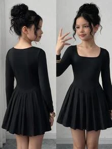SHEIN Tween Girls Black Spaghetti Strap Dress With Built-In Shorts - Black - View 1