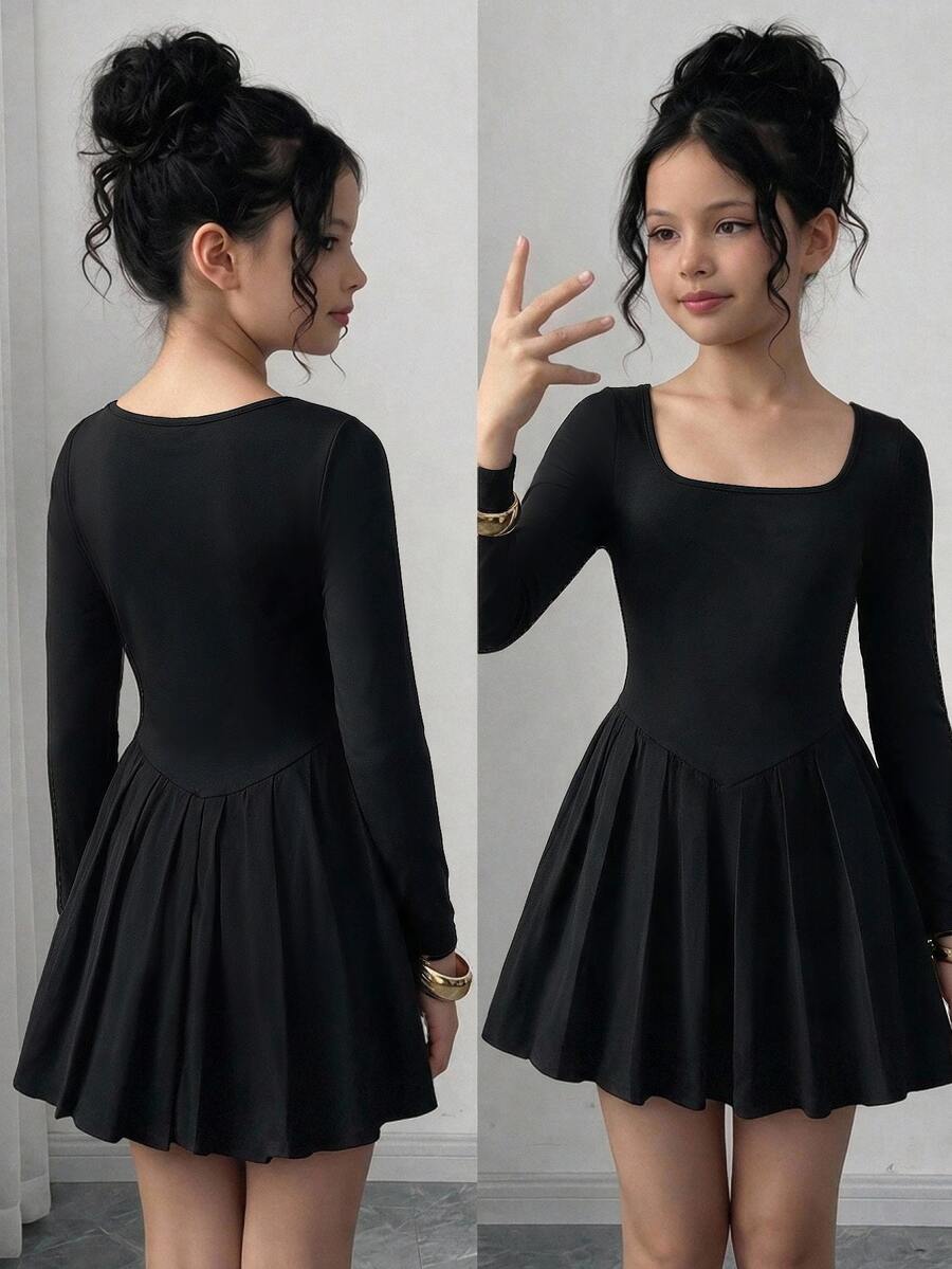SHEIN Tween Girls Black Spaghetti Strap Dress With Built-In Shorts - Black - View 1