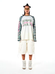 SUMWON WOMEN Oversized Raglan Long Sleeve Top With Camo Contrast Sleeves And Collegiate Graphic Print, Crew Neck, Color Block - Pink - View 3