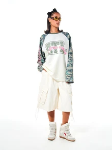 SUMWON WOMEN Oversized Raglan Long Sleeve Top With Camo Contrast Sleeves And Collegiate Graphic Print, Crew Neck, Color Block - Pink - View 5